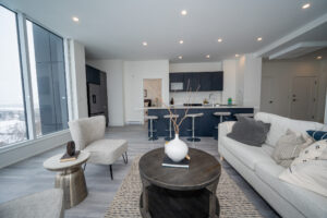 Modern living room with kitchen
