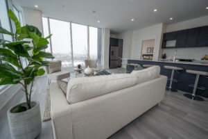 Modern living room with kitchen