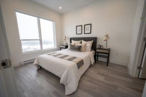 Modern bedroom with large window