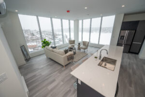 Modern living room with ocean view