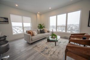 Modern living room with city view