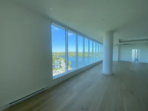 Modern room with large window.